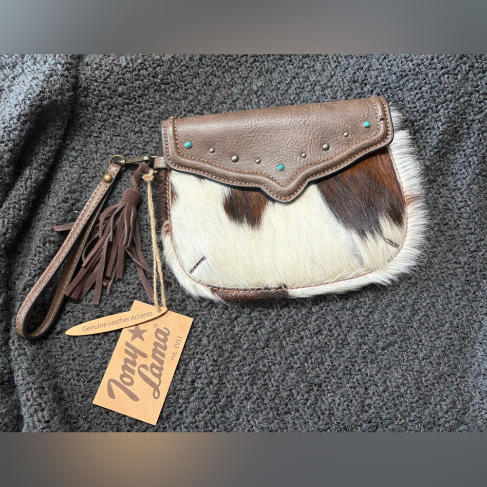 Tony Lama Brown and White Hair-on-Hide Wristlet with Turquoise Studs